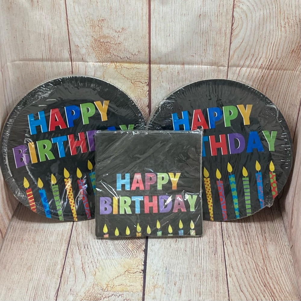 PARTY! HAPPY BIRTHDAY Disposable Plates & Napkin Set Black & Colorful Graphics